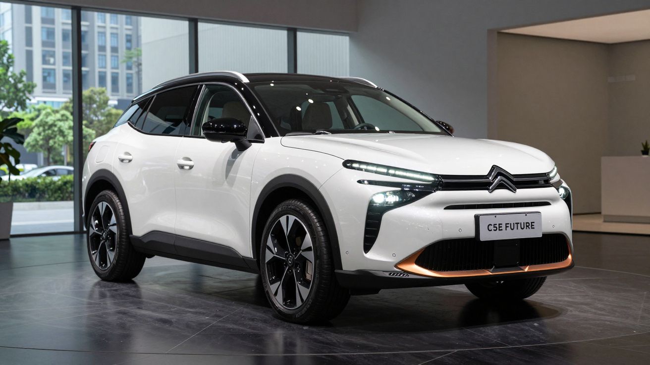 Carro SUV elétrico Citroën C5E Future branco exibido em ambiente interno moderno.