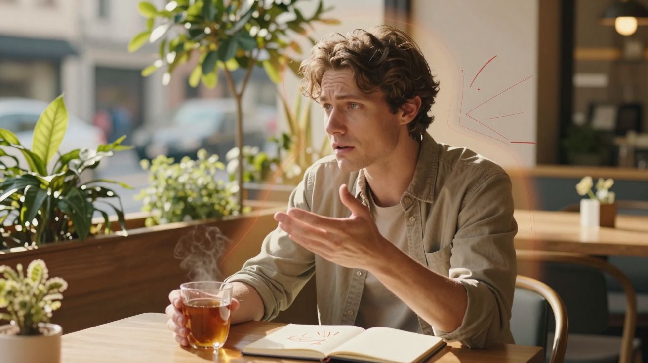 Homem com expressão preocupada conversa segurando xícara de chá quente em cafeteria iluminada pela manhã.