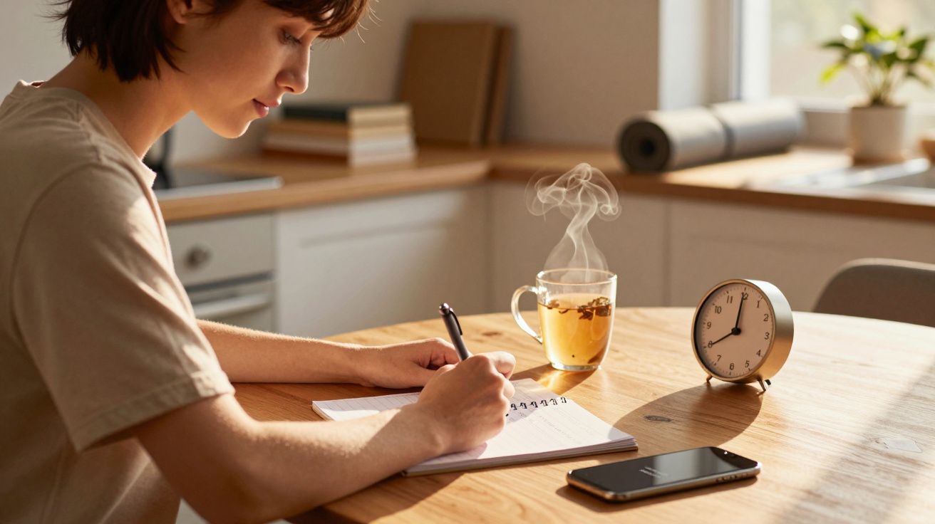 Mulher escrevendo em caderno numa mesa com chá quente, relógio e celular ao lado em ambiente iluminado.