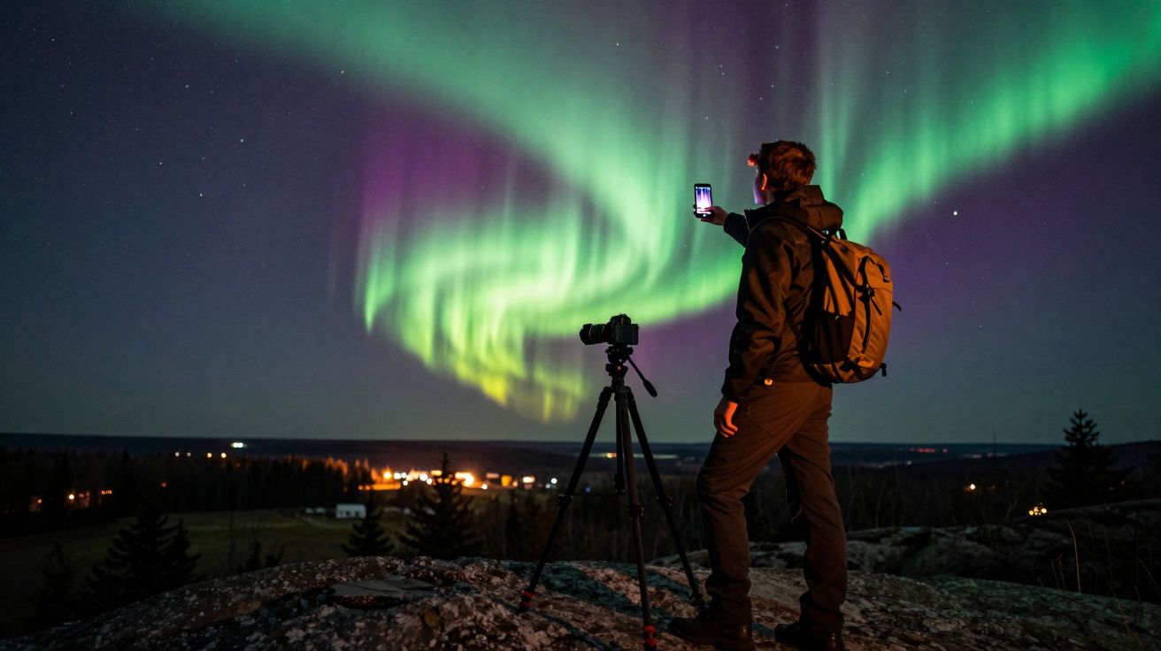Pessoa com mochila tira foto da aurora boreal à noite em área elevada com câmera e tripé.