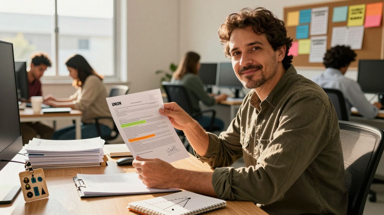 Homem sentado em escritório segurando documento destacado com colegas trabalhando ao fundo.