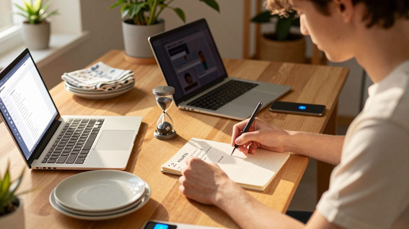 Pessoa escrevendo em caderno em mesa com dois laptops, ampulheta e aparelho eletrônico, em ambiente iluminado.