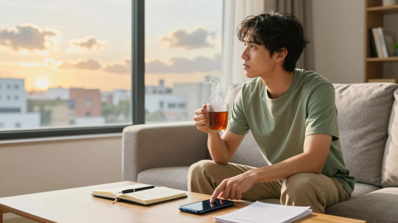 Jovem sentado no sofá, segurando xícara de chá e olhando pela janela durante o pôr do sol.
