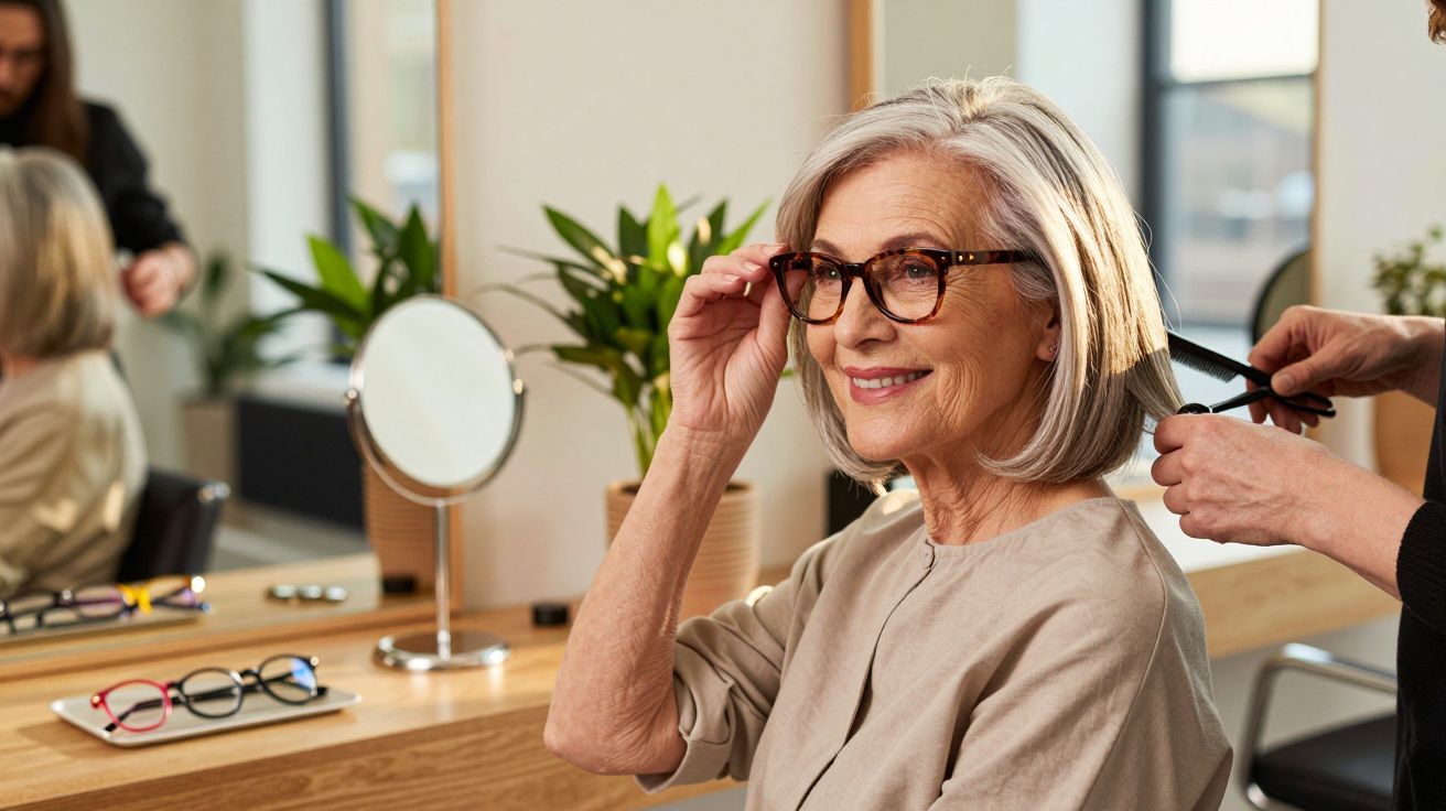 Mulher idosa sorridente experimenta óculos enquanto cabeleireiro corta seu cabelo em salão moderno.