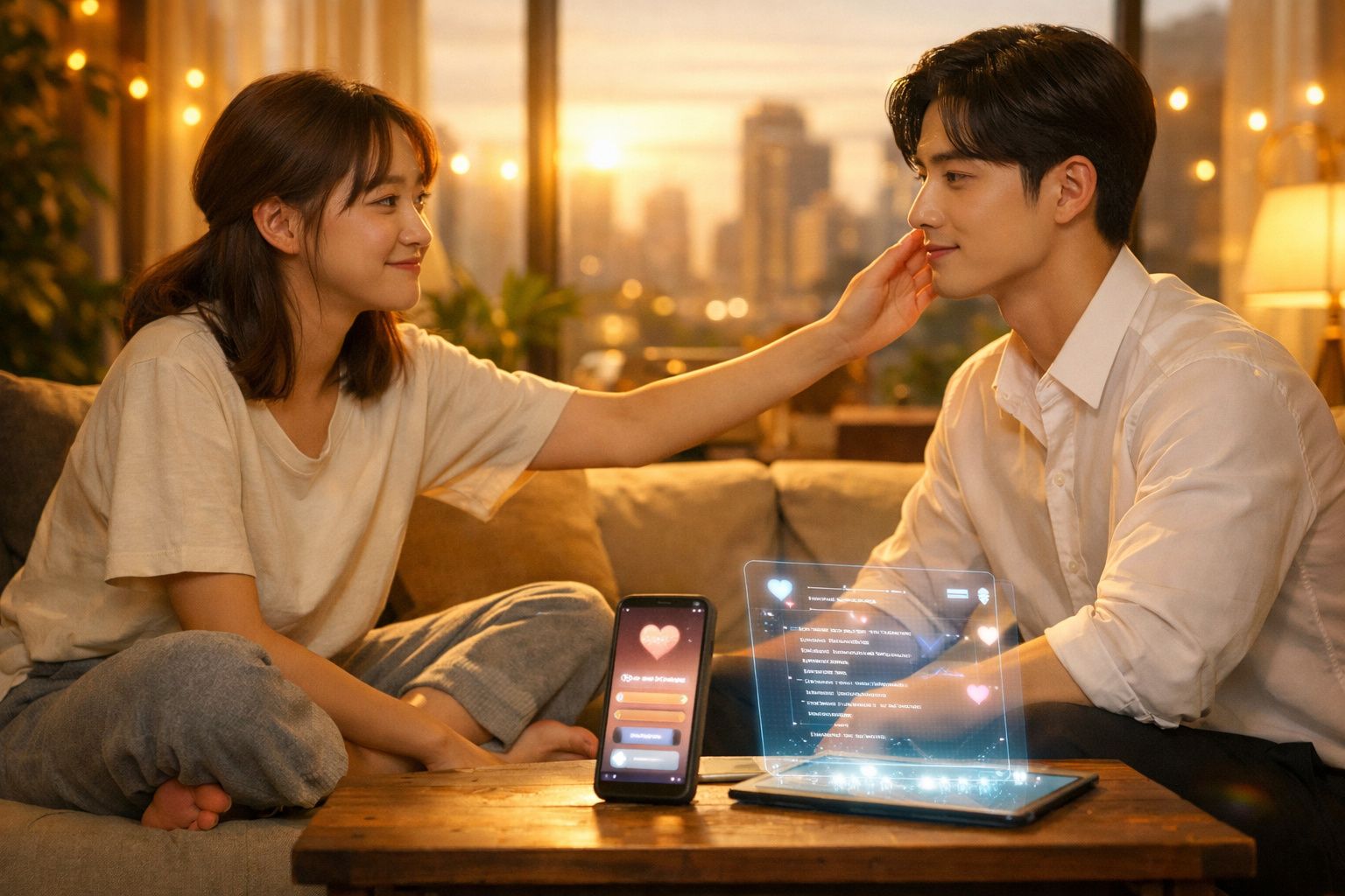 Jovem casal sorrindo, mulher tocando rosto do homem, com holograma digital e celular na mesa à frente.