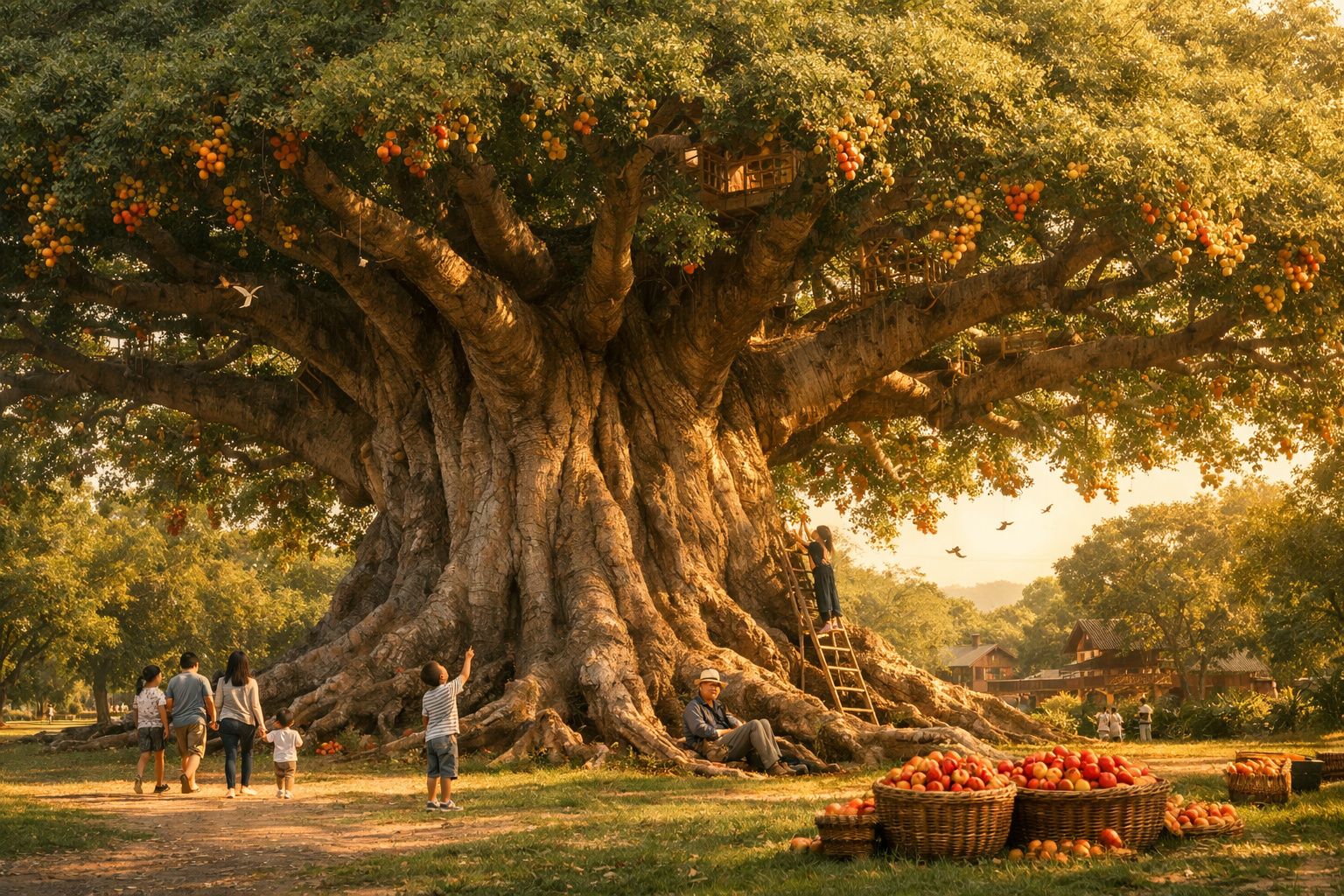 Árvore enorme com frutos vermelhos e pessoas ao redor colhendo maçãs em dia ensolarado.